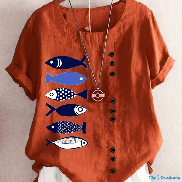 Orcajump - Crew Neck Buttons Decor Blouses, Casual Loose Short Sleeve Summer Fashion Shirts Tops, Women's Clothing