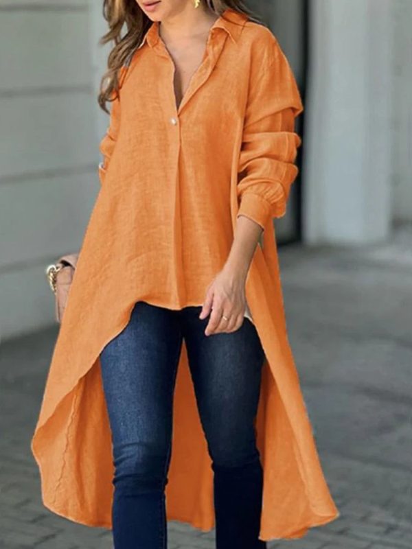 Sara High-Low Collared Neck Long Sleeve Shirt - Tangerine / S