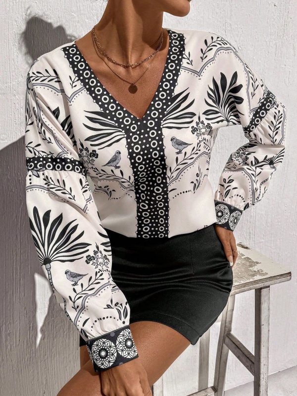 V-Neck Lantern Sleeve Women's Shirt With Floral Placement Print, Elegant For Casual, Vacation And Going Out