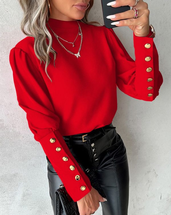 Fashion Lantern Sleeve Button Splicing Shirt Women Elegant Office Commuter O Neck Blouse Female