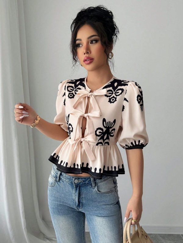 Print Puff Sleeve Tie-Up Fitted Women Blouse