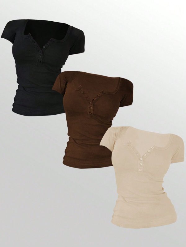 Women Casual Versatile Solid Color Short Sleeve T-Shirt