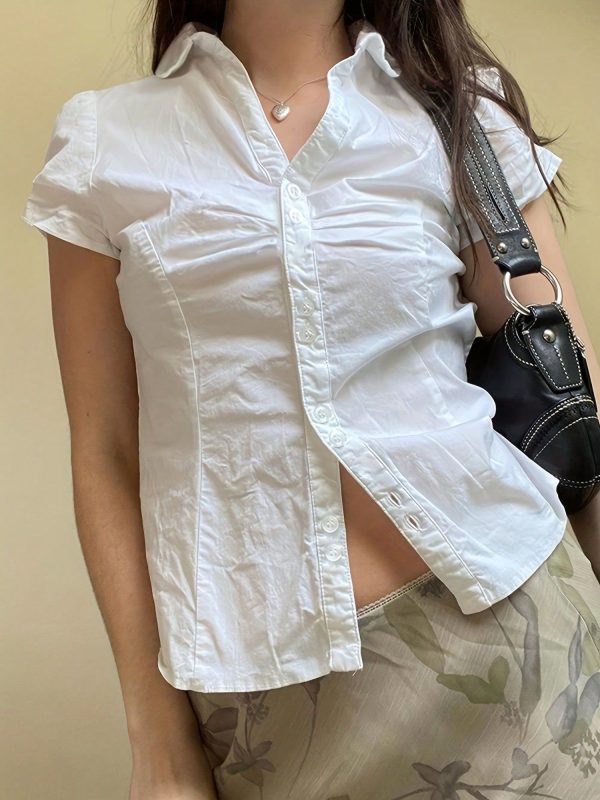 Women's Button Down Shirts Cap Sleeve Lapel Collar Tie Back Slim Fit Tops Summer Shirts
