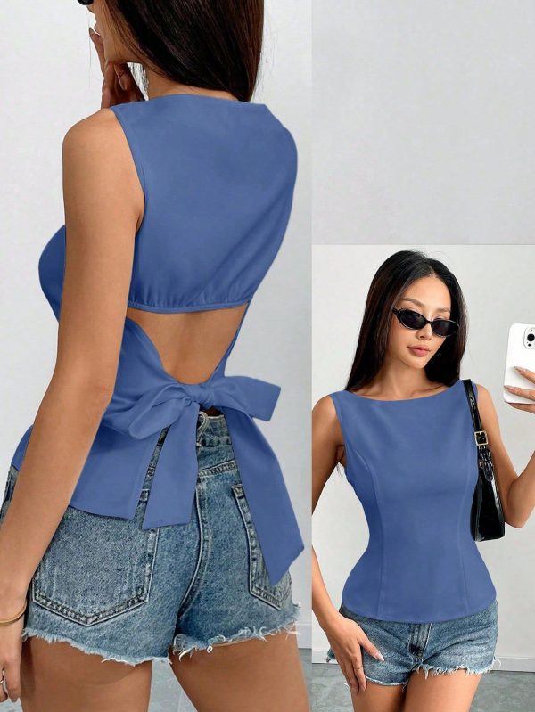 Solid Color Fitted Sleeveless Back Tied Bow Shirt For Women,Elegant Casual Sexy Minimalist Office Business,Spring/Summer