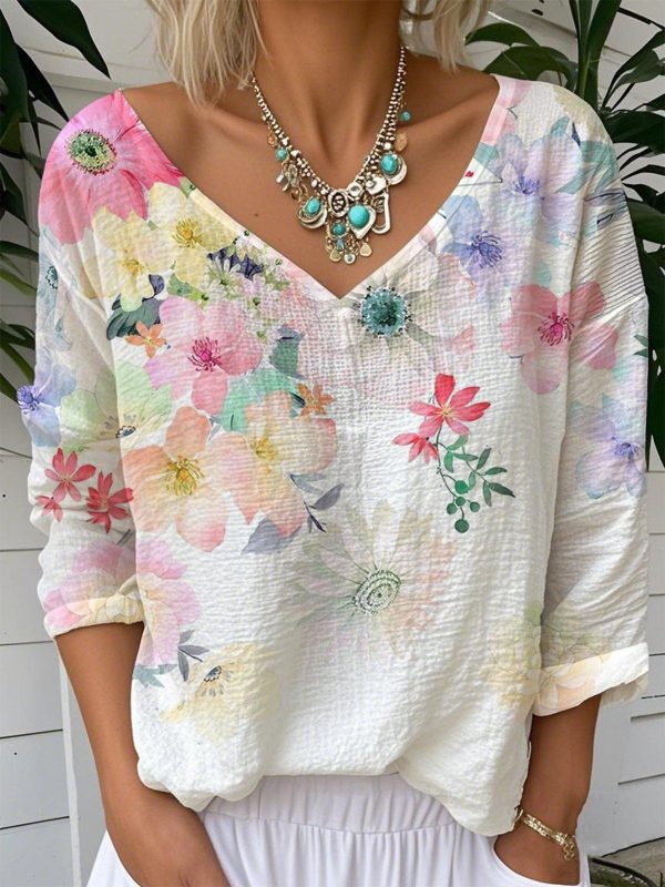 Women Floral Casual Long Sleeve Tee T-shirt V Neck Spring/Fall Top