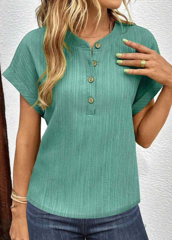ROTITA Button Green V Neck Short Sleeve T Shirt