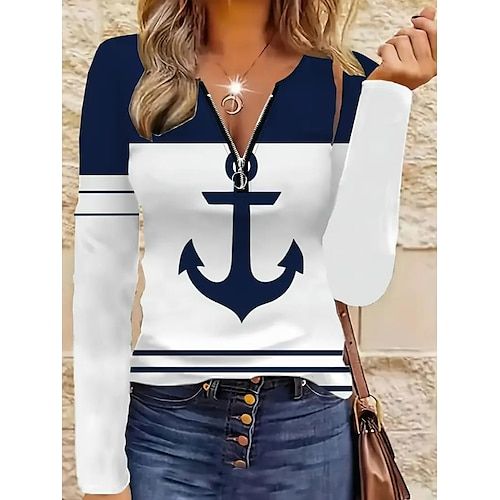 Women's T Shirt Floral Casual Long Sleeve V Neck Regular Tops Daily Zipper Print White Red Navy Blue Blue Dusty Blue Summer