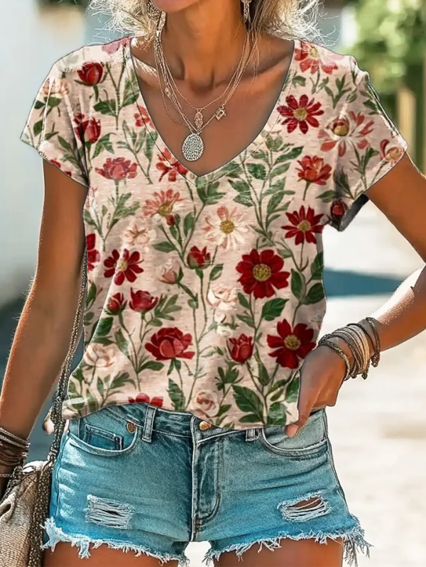 Women Casual Floral Summer V neck No Elasticity Daily Loose Jersey Regular T-shirts