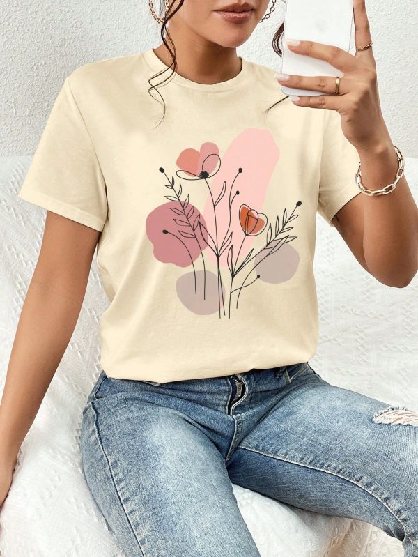 Casual Loose Floral Pattern Round Neck Short Sleeve Women T-Shirt, Suitable For Summer