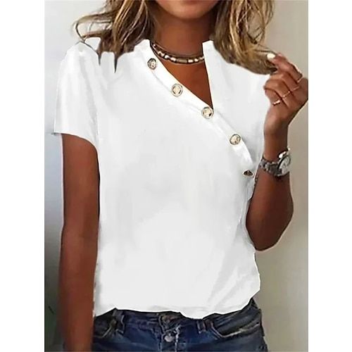 Women's T Shirt Dressy Tops Solid Color Stylish Casual Short Sleeve Asymmetric Neck Regular Tops Daily Buttons Black White Pink Green Gray Summer
