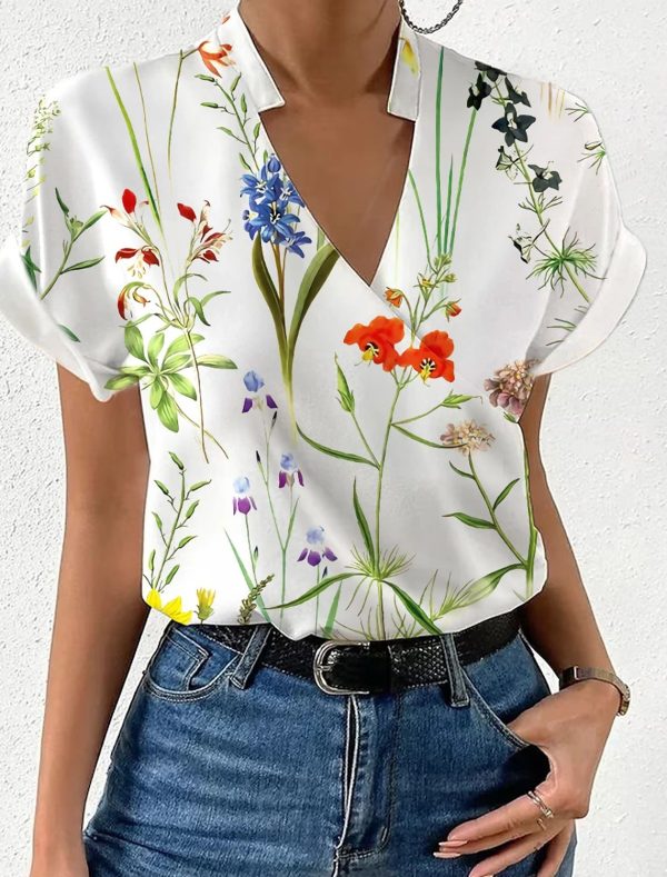 Zingj Zingj Hot Style Summer Loose V-Collar Print Shirt Shirt Women's Clothing Green Flowers-M