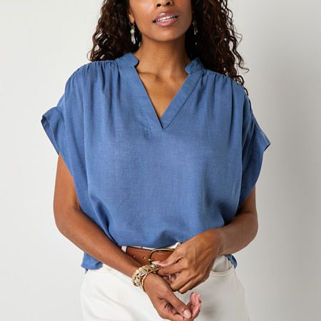 a.n.a Womens Split Crew Neck Short Sleeve Blouse | Blue | Womens Large | Shirts + Tops Blouses