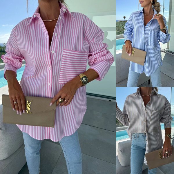 2025 New Women's Shirt Long Sleeve Striped Pocket Button Blue Casual Loose Top Street Office Pink