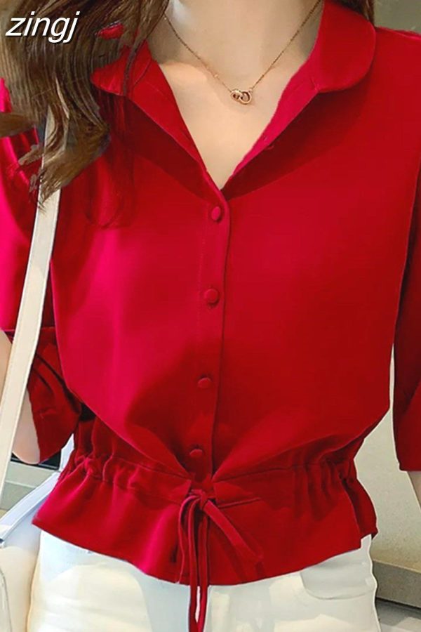 Zingj Women Solid Turn-down Collar Half Sleeve Chiffon Shirt Fashion Casual Shirring Single-breasted Blouses Female 319-1 Red-XL
