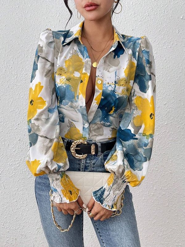 Buttoned Elasticity Flower Print Pleated Long Sleeves Loose Lapel Blouses&Shirts Tops BLUE-2XL