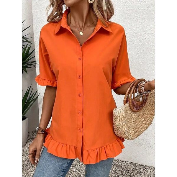 Women's Shirt Solid Color Ladies Work Half Sleeve Bell Sleeve Shirt Collar Regular Tops Work Daily Ruffle Buttons White Orange Summer Spring Fall