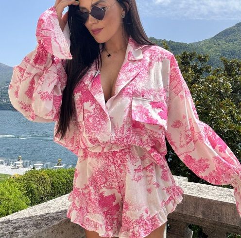 Zingj Printed Pleated Short Puff Sleeve Blouses Chic Stand Neck Buttons Shirt Set Fot Women 2024 Spring Summer Lady Ethnic Streetwear Print Tops-S