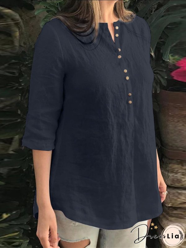 Cotton Solid Button Ruched High-Low Hem Casual Blouse