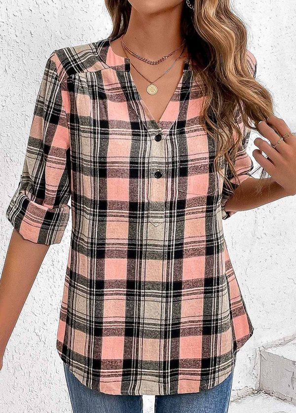 ROTITA Ruched Plaid Pink Split Neck Long Sleeve Blouse