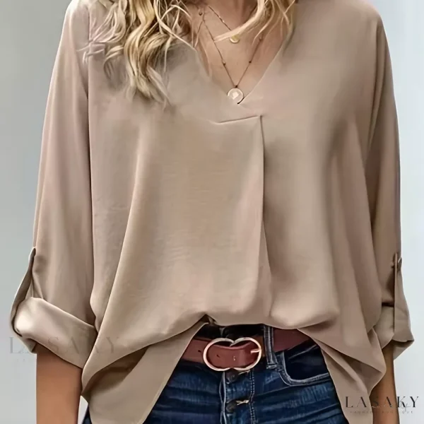Lasaky - Classic V-Neck Rollable Sleeve Blouse - Elegant Womens Top for Casual Wear - Khaki, XL(12)