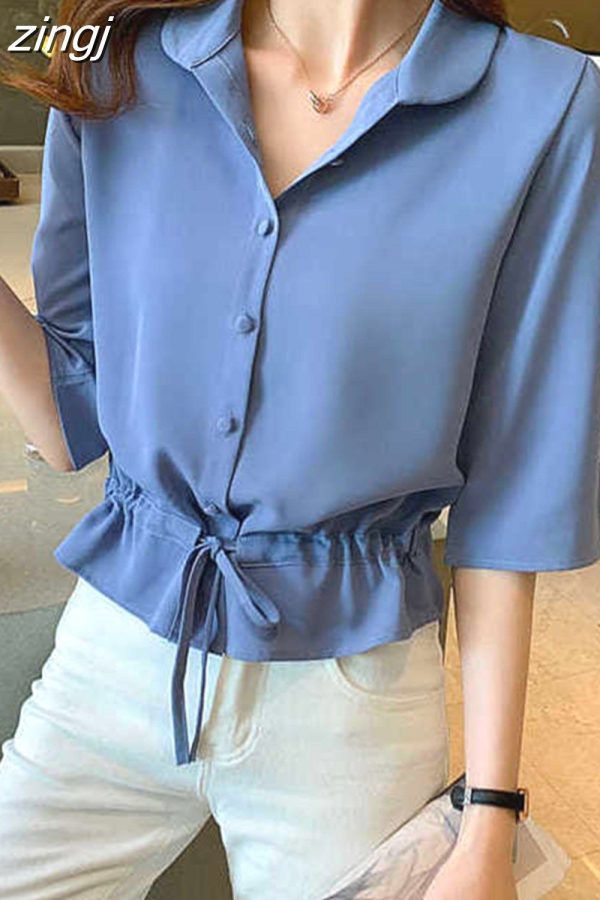 Zingj Women Solid Turn-down Collar Half Sleeve Chiffon Shirt Fashion Casual Shirring Single-breasted Blouses Female 319-0 Blue-4XL
