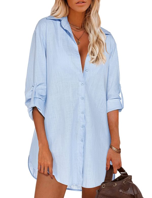 HOTOUCH Women Boyfriend Shirts Button Down Long Sleeve Blouse Cuffed Sleeve Collared Shirt