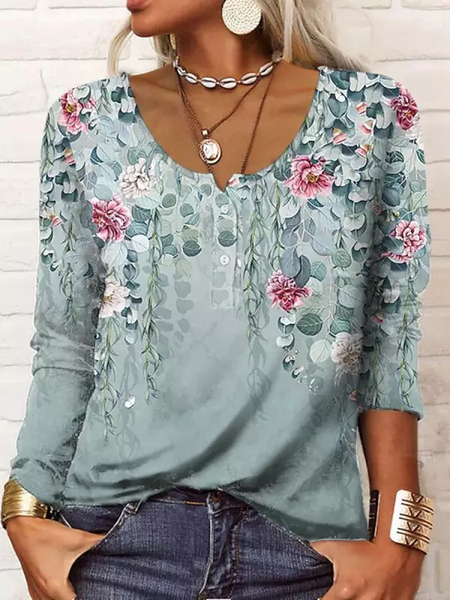 Plus Size Casual Floral Print T-shirt Long sleeve Regular H-Line Regular Size Tops Notched Neck Medium Stretch T-shirt for Women
