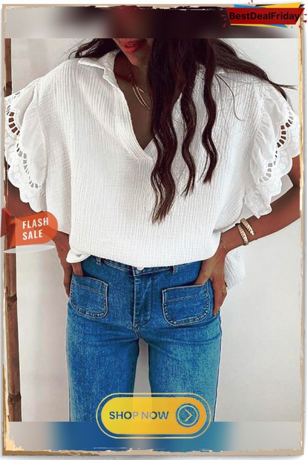 Lace Trim V Neck Short Sleeve Casual Shirt P1419762666