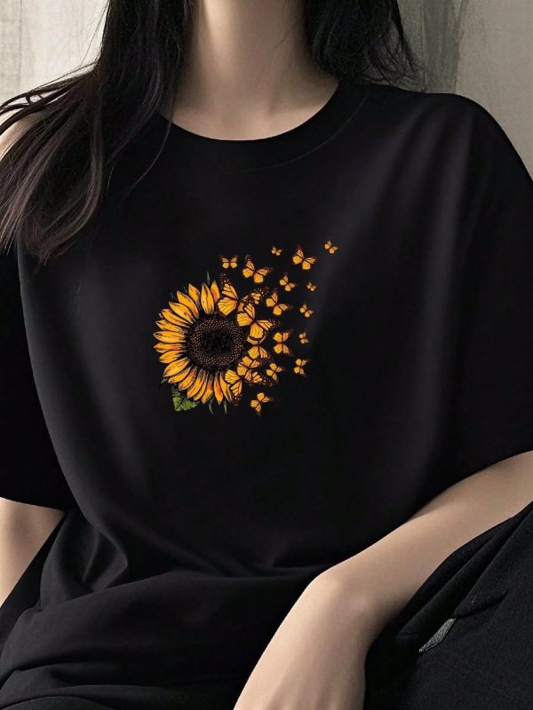 綿100% ひまわりの蝶のシャツ - かわいいボタニカルシャツ - 花柄レディースシャツ - かわいい野花シャツ - ラブバタフライシャツ - 花柄ママシャツ