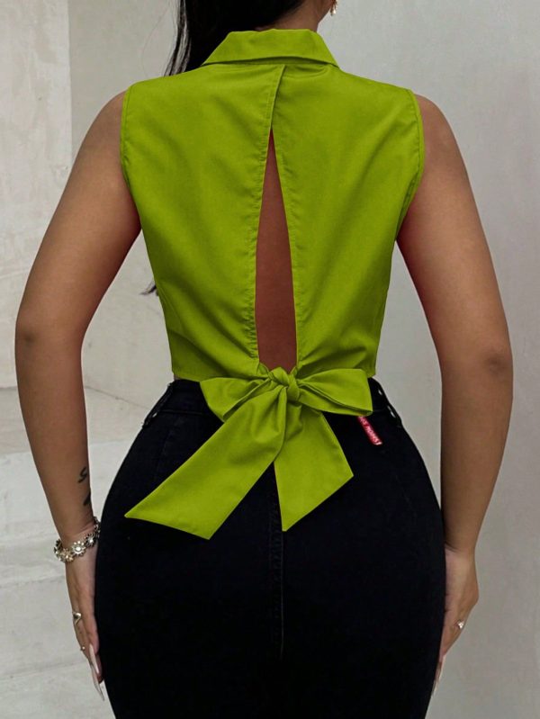 Women's Solid Color Back Knotted Cropped Sleeveless Shirt,Sleeveless Tops