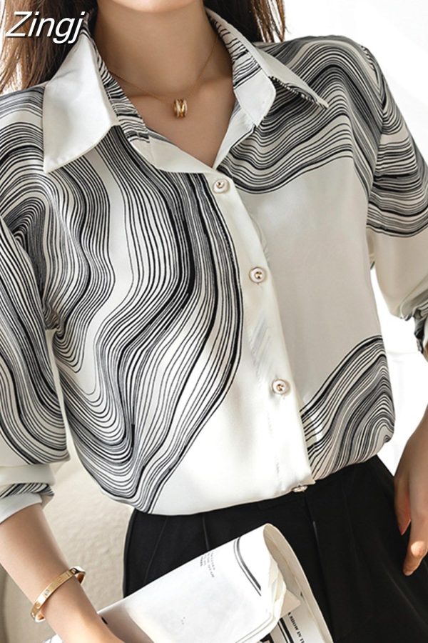 Zingj Women's Shirt Spring Clothing for Women Ink Painting Pattern Polo Neck Tops Basic Button Up Long Sleeve Shirts for Women Mixed-L
