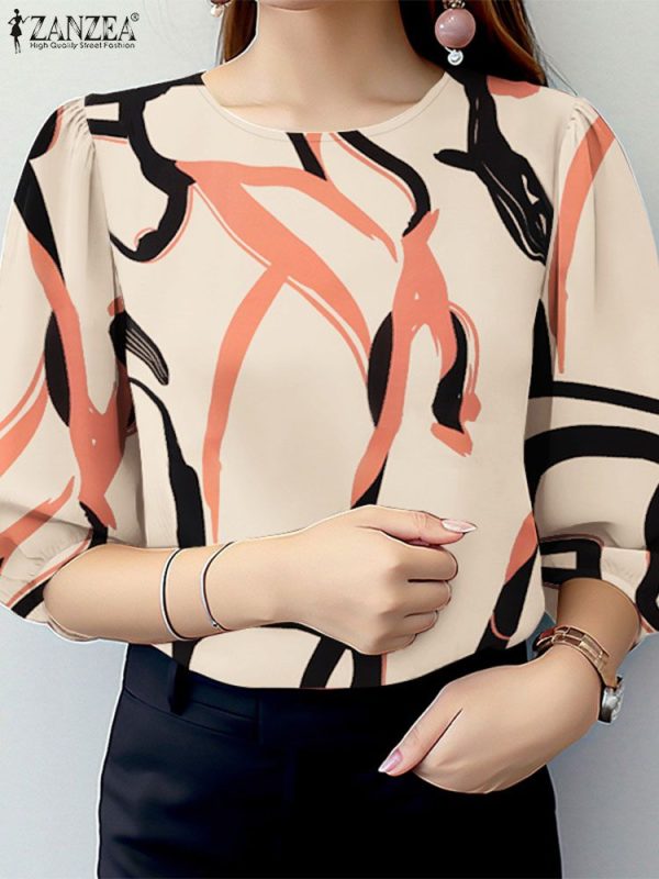 ZANZEA Women Elegant 3/4 Sleeve Work Blouse Summer Printed Shirt Stylish Casual Holiday Work Blusas