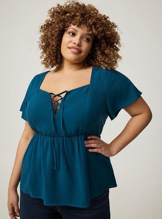 Babydoll Lace-Up Top in Blue