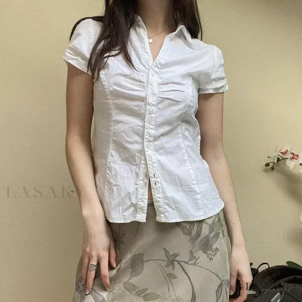Lasaky - Solid Color Pleated Short Sleeve Shirt with Simple Cardigan Style, Button Closure, Waist Tie, Fold-Over Collar, Casual Top