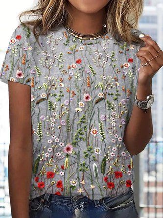 Casual Floral Summer Daily Loose Jersey Standard Crew Neck Regular T-shirts for Women