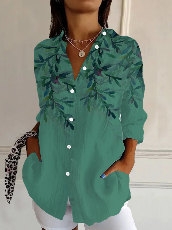 Women's Long Sleeve Shirt Spring/Fall Plants Buckle Shirt Collar Daily Going Out Casual Top