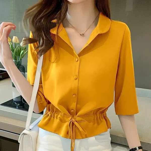 zingj Women Solid Turn-down Collar Half Sleeve Chiffon Shirt Fashion Casual Shirring Single-breasted Blouses Female All-match