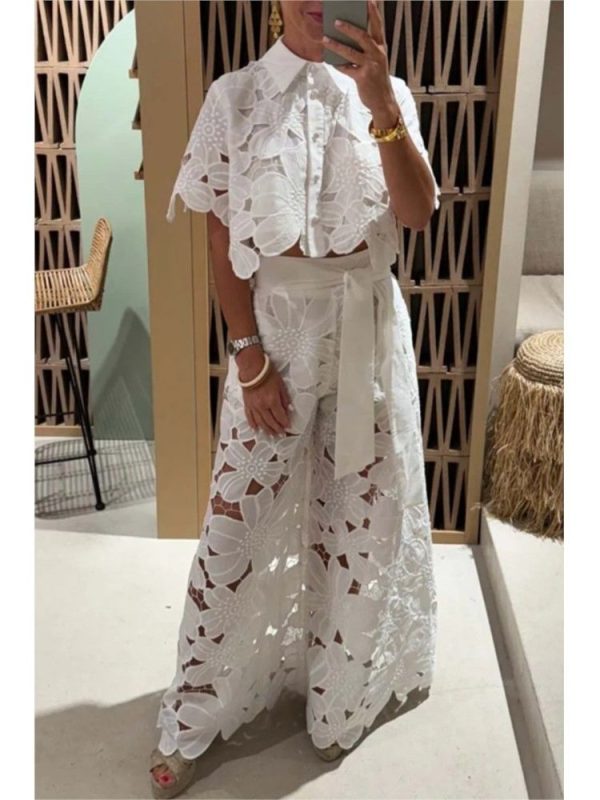 Sexy Lapel Single-breasted Shirt Top + Wide-leg Pants 2-piece Set Women Fashion Solid Color Elegant