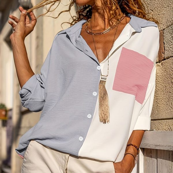 Stylish Color Matching Shirt For Women Elegant Evening Dress Hawaii Vacation Casual Shirt For