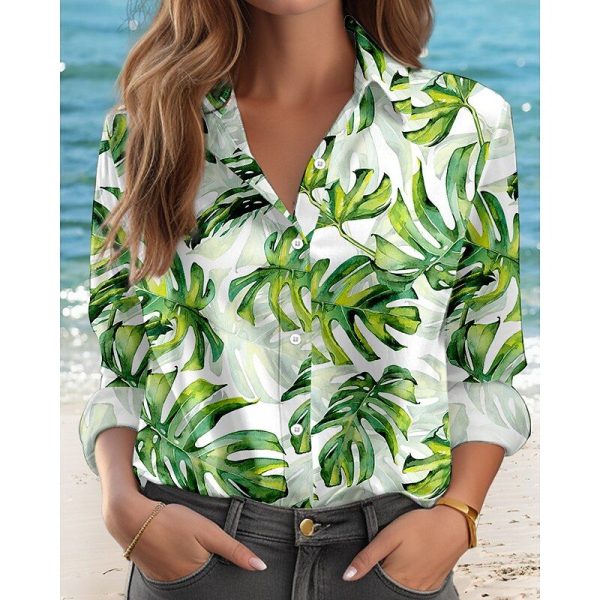 Women's Shirt Hawaiian Casual Leaf Regular Tops Long Sleeve Shirt Collar Buttons Print Regular Fit Work Daily Green Summer Holiday Clothes Beach Wear