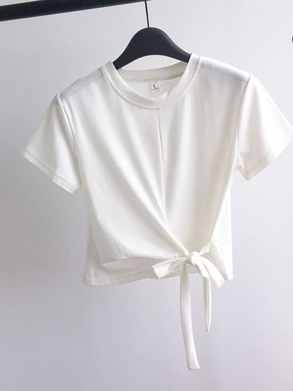 Zingj Summer Fashion Y2K T-shirt Woman Korean Bandage Sexy Crop Top Women Short Sleeve Skinny Kpop Tee Shirt Femme Solid Cloth WHITE-XL