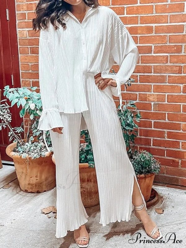 Spring Black Casual Color Blouse Sets Arm Light Fashion White - Daily Pants - - Regular Solid Blouse Long Fit Women's & - Green - Neckline - Fall - White / S