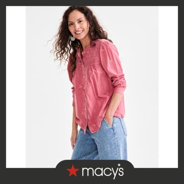 Style & Co Women's Embroidered Cotton Button-Front Top, Exclusively at Macy's - Vintage Red
