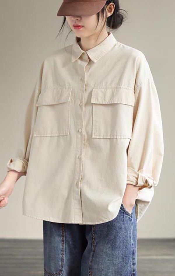 French Beige Tops Women Lapel Pockets Daily Spring Shirt