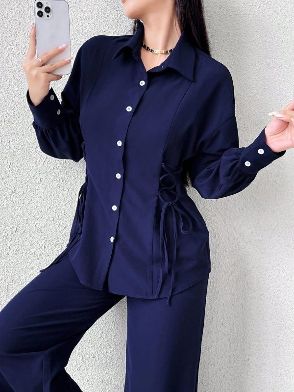 Women's Spring/Autumn Casual Solid Color Cross Tie Long Sleeve Shirt And Pants Set 2 Pieces Set
