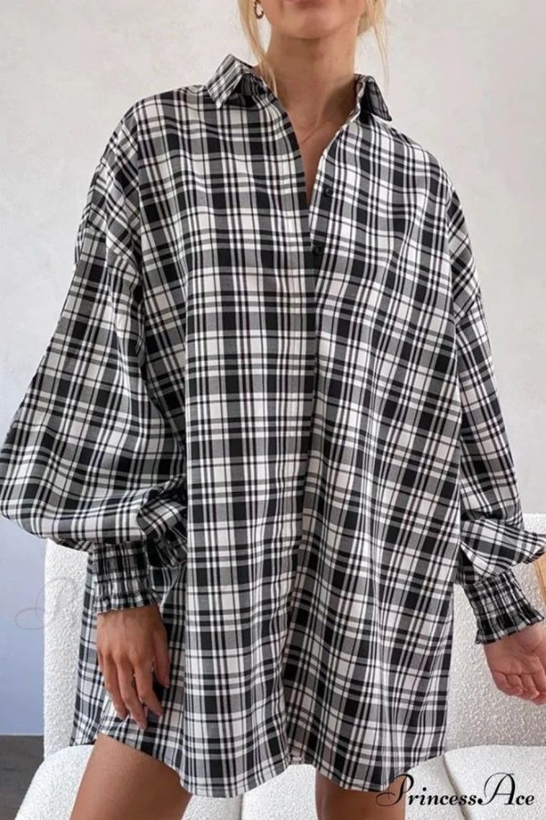 Button Plaid Arm Oversized Down Bishop Shirt - Multicolour / L / 85%Polyester+10%Viscose+5%Elastane