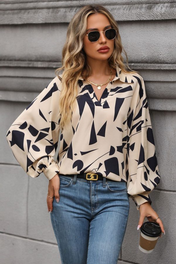 Hazel Blues® |  Printed Johnny Collar Blouse - Cream / L