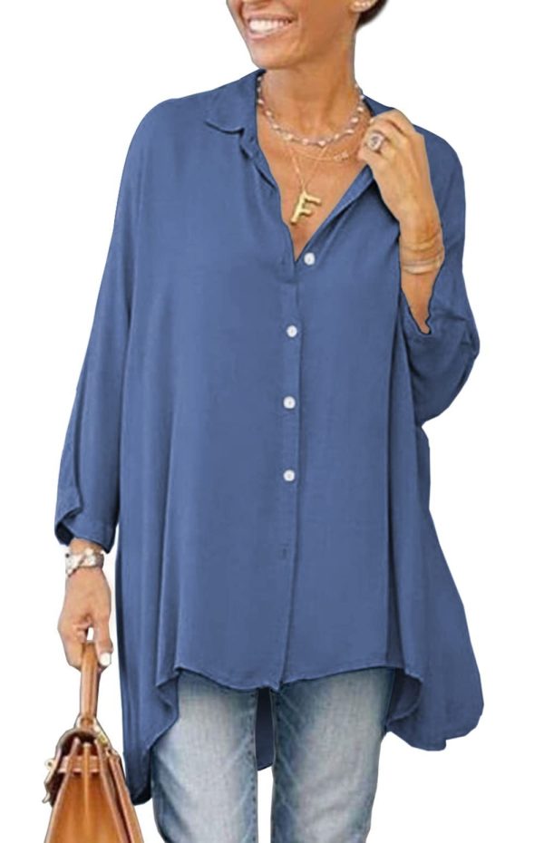Aoysky Womens Oversized T Shirts Button Down Long Sleeve Shirt V Neck Collar Loose Flowy Blouse