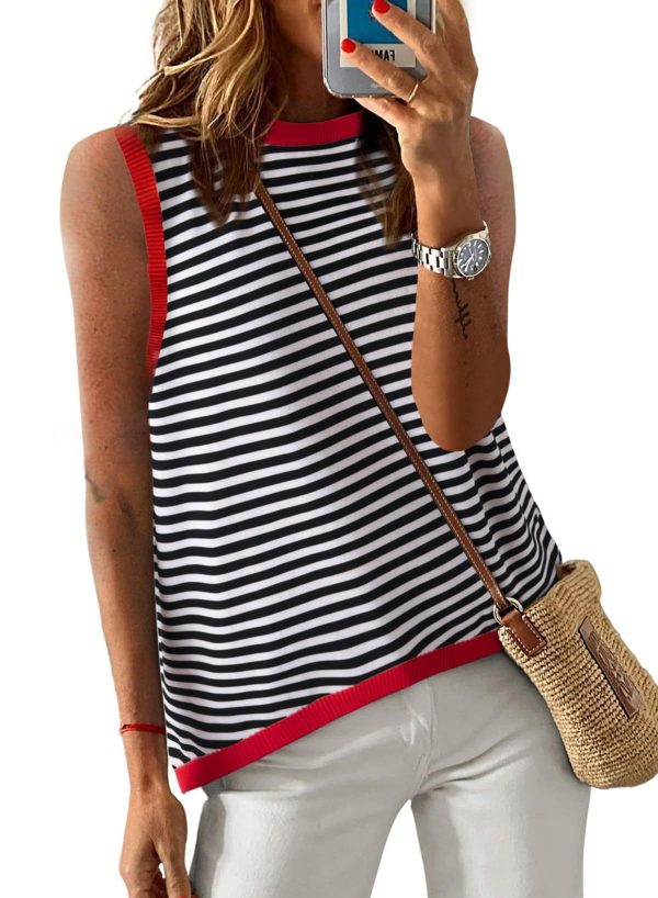 Dokotoo Womens Summer Tops 2025 Casual Striped Color Block High Neck Tank Top Loose Knit High Low Sleeveless Shirts Blouses