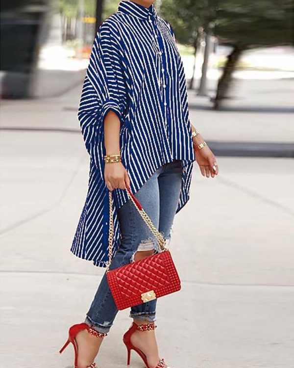 Zingj Button Comfortable Versatile Loose Striped Shirt Blue-XL